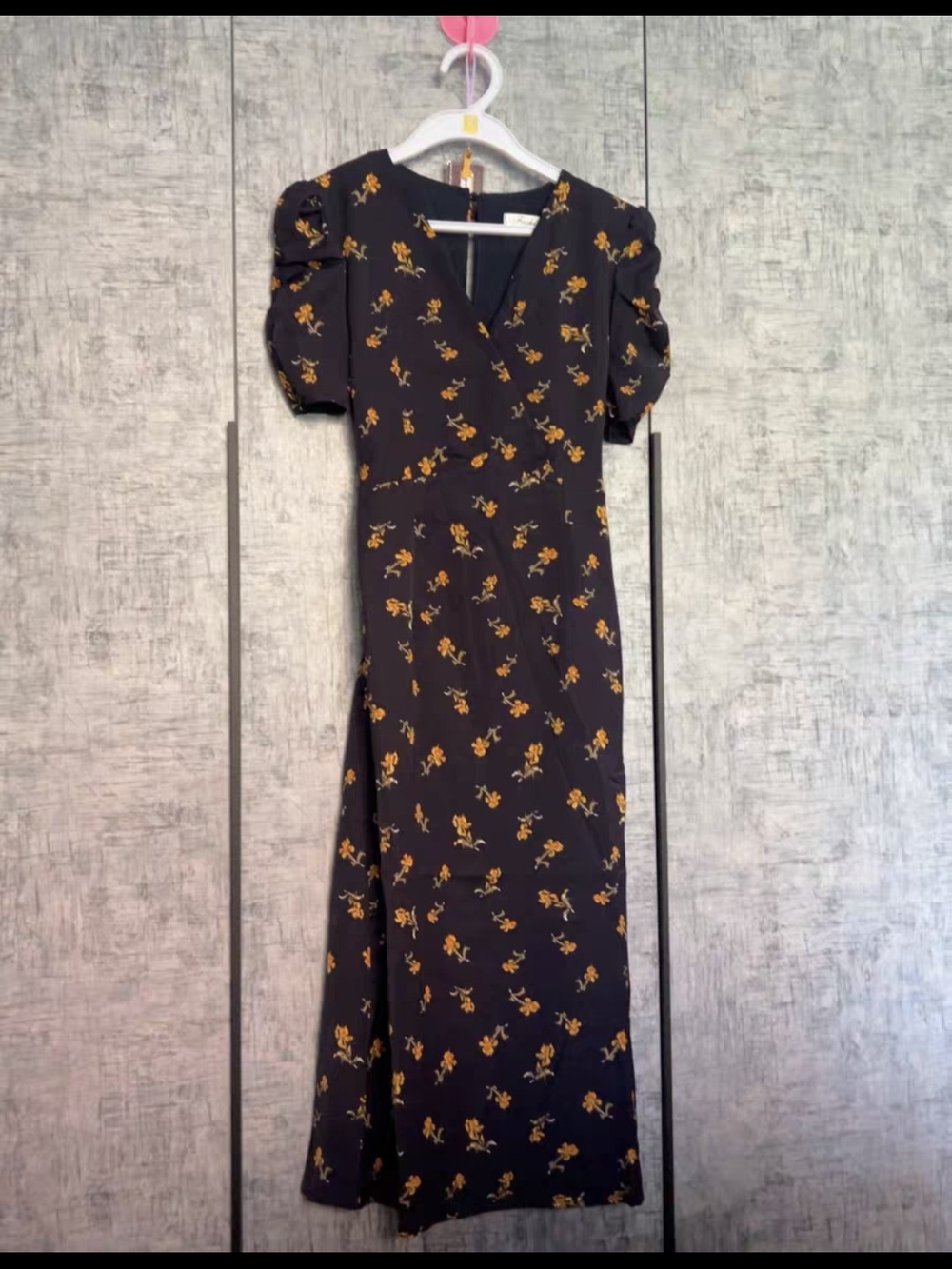 Women's Black Floral Midi Dress with Puff Sleeves